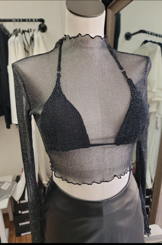 Black - Mesh Glitter Long Sleeve Crop