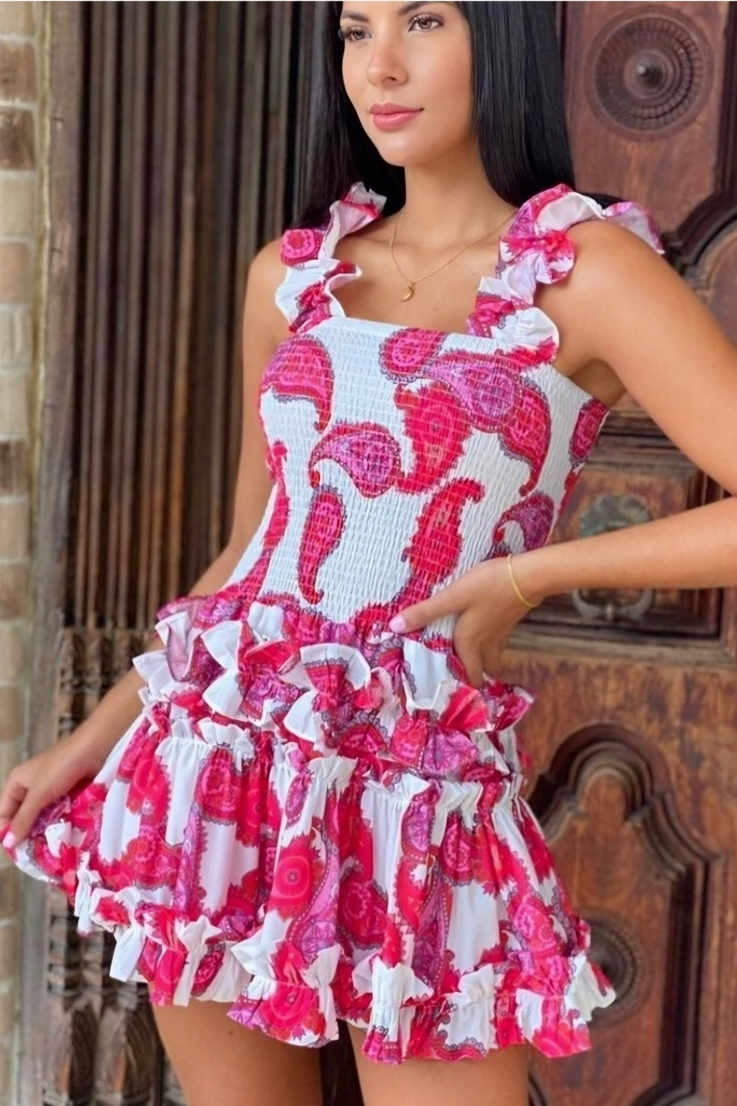Positano - Pink Paisley Ruffle Dress