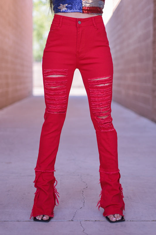 Red - Distressed Raw Hem Jeans