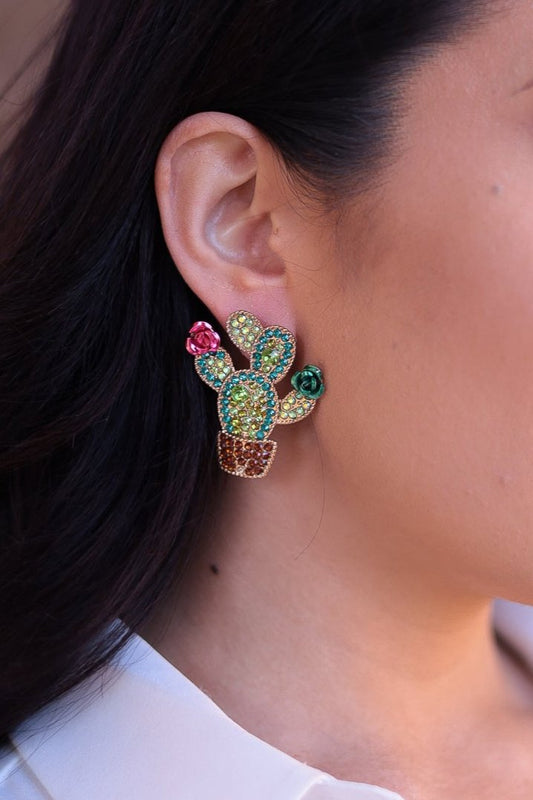 Green - Cactus Statement Earrings Rhinestones