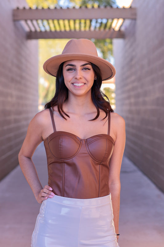 (M, L) Brown - Vegan Leather Bustier Bodysuit