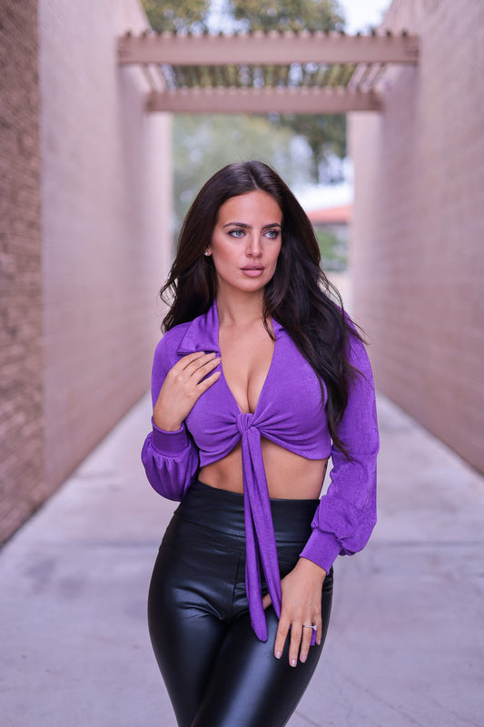 Purple - Slinky Maite Long Sleeve Collared Crop Top