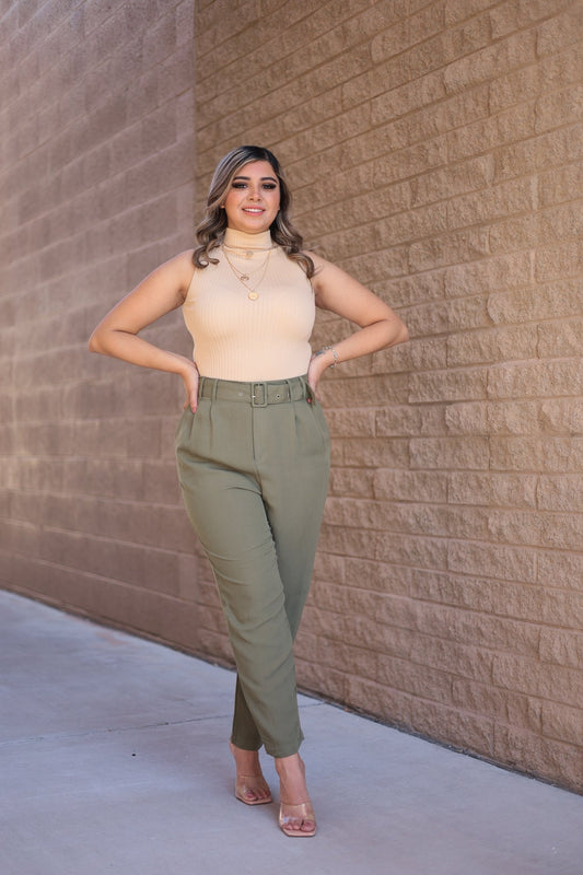 Nude - Stretchy Ribbed Turtleneck Mock Neck Tank