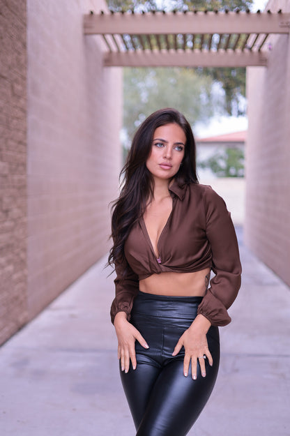 Satin Brown Cropped Collared Shirt FINAL SALE