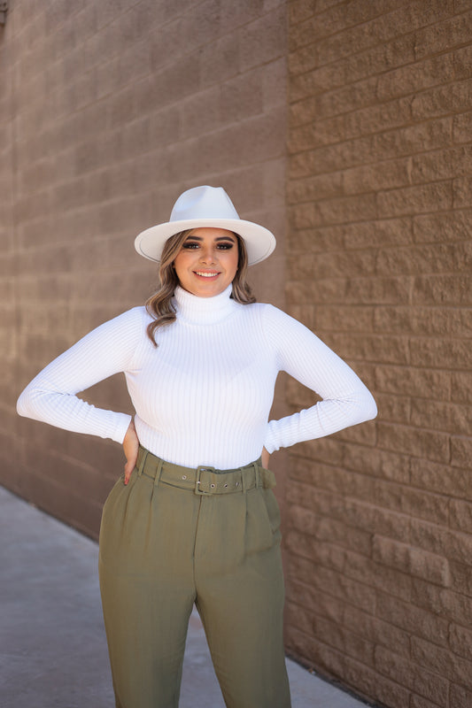 White - Stretchy Long Sleeve Ribbed Turtleneck Mock Neck