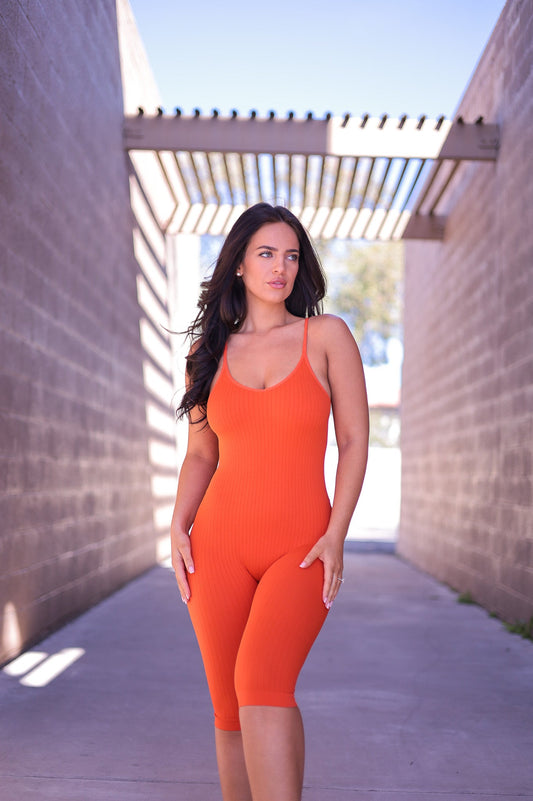 Orange - Cami Seamless Ribbed Biker Romper