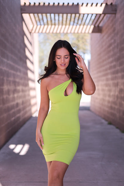Neon Lime Yellow - Cancun One Strap Bodycon Dress