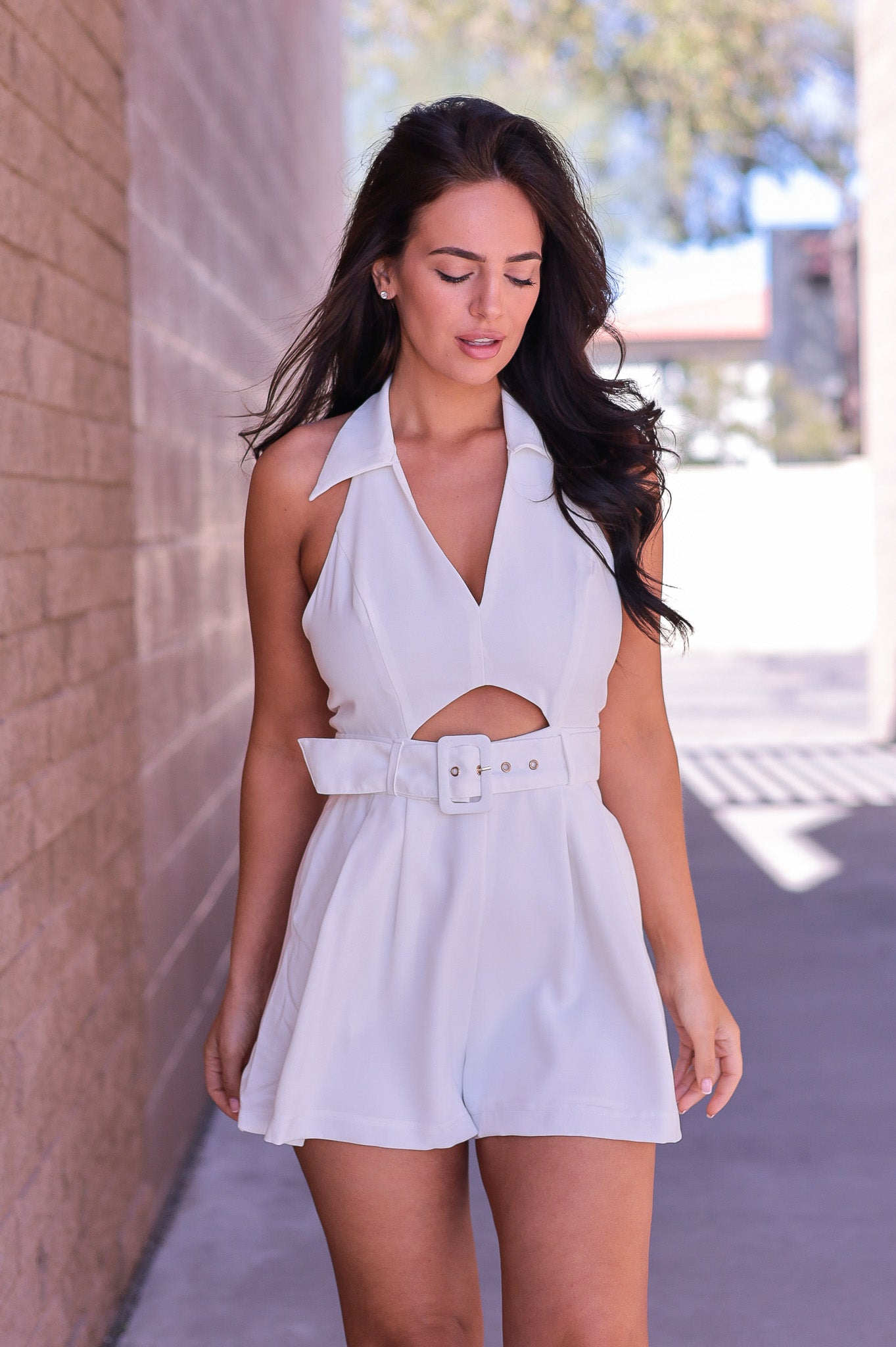 White - European Dreams White Collared Belted Romper