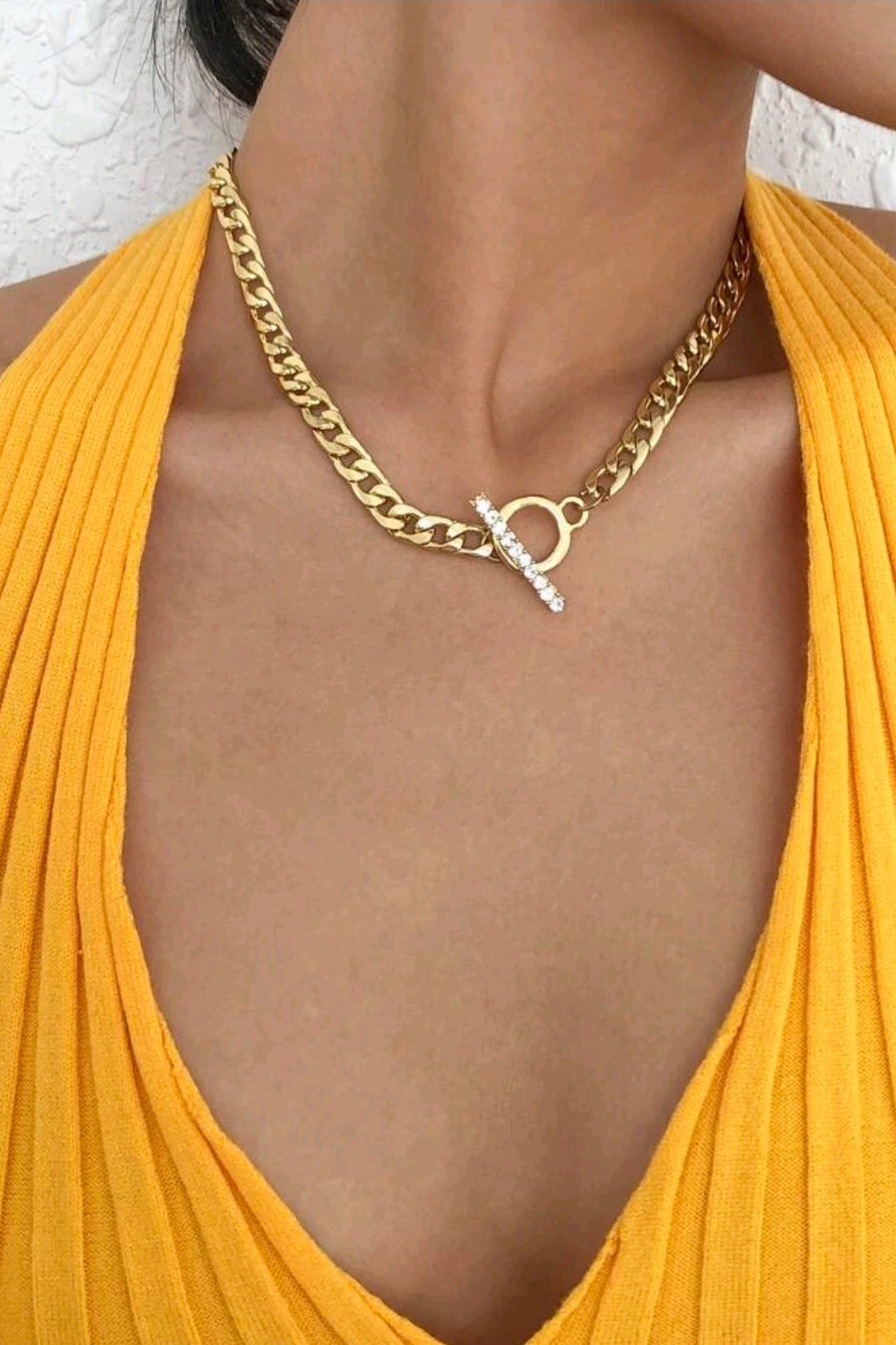 Gold - Rhinestone Bar Chain Necklace