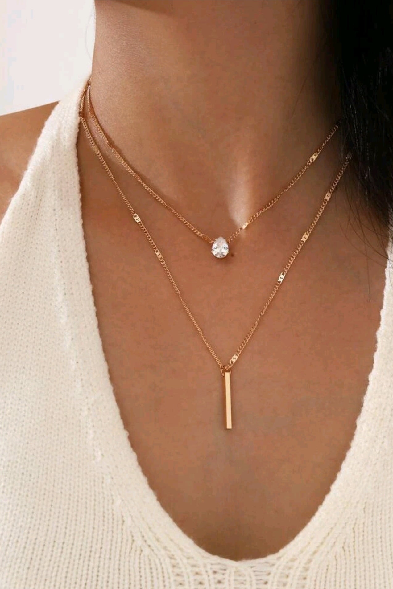 Gold - Rhinestone water drop bar necklace (2 Piece set)