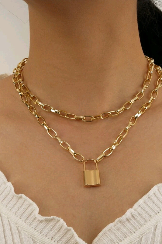 Gold - Double Layer Love Lock Necklace (2 Pieces)